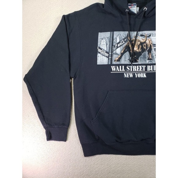 Wall Street Bull Hoodie Men Medium Black Stock Market New‎ York Print Pullover - Picture 2 of 10